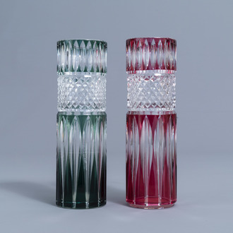 Two red and green overlay crystal cut vases, signed Val Saint Lambert, 20th C.