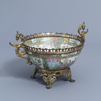 A Chinese Canton famille rose gilt bronze mounted bowl, 19th C.