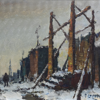 Piet Lippens (1890-1981): Caravans in a snowy landscape, oil on canvas