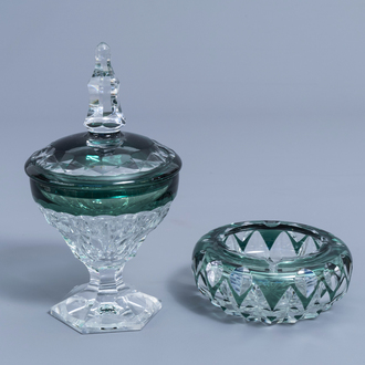 A green overlay crystal cut covered bowl on stand and ashtray, Val Saint Lambert, 20th C.