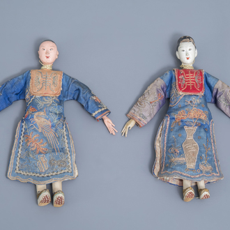 Two Chinese wooden opera or theater dolls, 19th C.