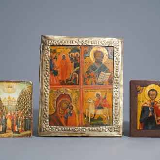 Three Russian icons, one with copper oklad or riza, 19th/20th C.