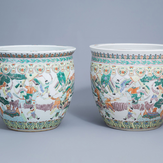 A pair of Chinese famille verte 'warrior' fish bowls, 20th C.