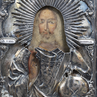 A Russian 'Christ Pantocrator' icon with silver and enamel riza, 19th C.