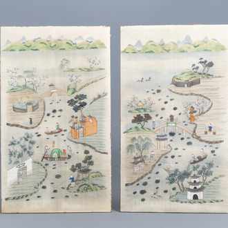Chinese school, ink and colours on silk, 19th/20th C.: Two animated river landscapes