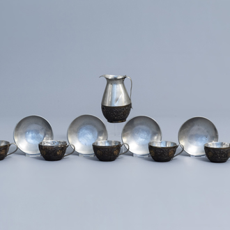 A Chinese 12-piece service of pewter mounted carved coconut 'Shou' wares, Republic