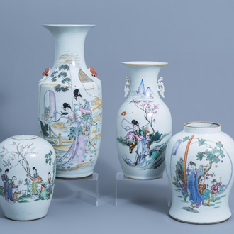 Three various Chinese famille rose vases and a jar and cover, 19th/20th C.