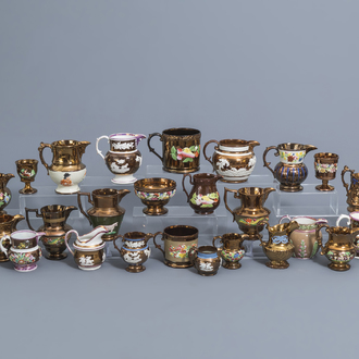 A varied collection of English lustreware items with relief design, 19th C.