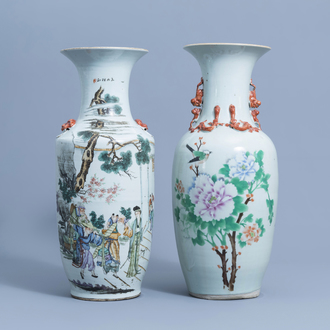 Two Chinese famille rose vases with figurative design and a bird among blossoming branches, 19th/20th C.