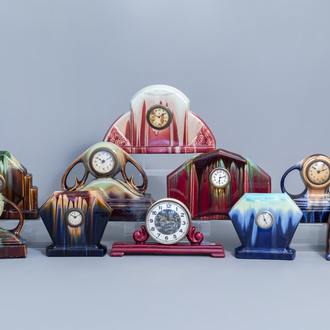 Ten polychrome Art Deco mantle clocks, a.o. Thulin, first half of the 20th C.