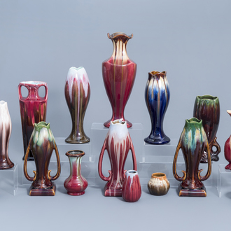 Seventeen polychrome Art Nouveau and Art Deco vases, a.o. Thulin, first half of the 20th C.
