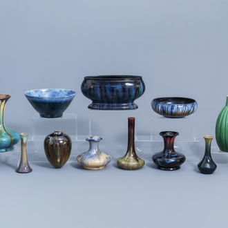 Eleven polychrome Art Nouveau and Art Deco vases and two bowls, a.o. Thulin, first half of the 20th C.