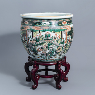 A Chinese famille verte 'Immortals' fish bowl, 19th C.