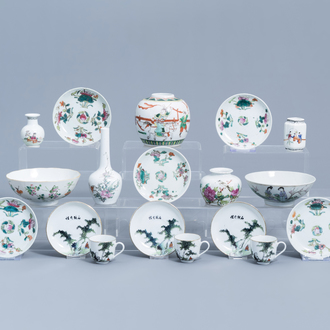 A varied collection of Chinese famille rose, verte and qianjiang cai porcelain, 19th/20th C.