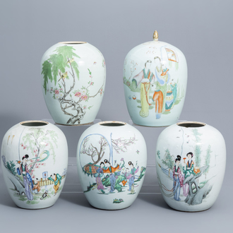 Cinq pots à gingembre en porcelaine de Chine famille rose et qianjiang cai, 19ème/20ème siècle