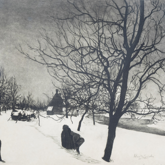 Valerius De Saedeleer (1867-1942) & Jean De Cooman (1893-1949): An animated winter landscape, etching, ed. 33/50, dated 1934