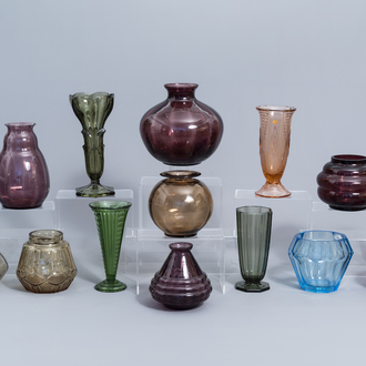 A varied collection of coloured glass and crystal vases, a.o. Val Saint Lambert, 20th C.