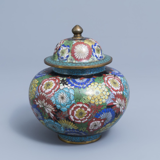 A Chinese cloisonné jar and cover with floral design, 20th C.