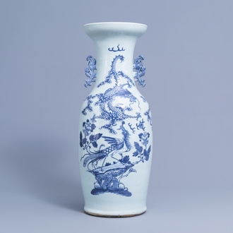 A Chinese blue and white celadon ground 'dragon and phoenix' vase, 19th C.