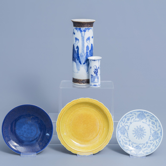 Two Chinese blue and white vases, two various plates and a yellow monochrome dish with a dragon, 19th/20th C.