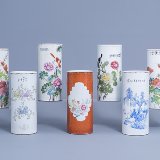 Seven various Chinese blue, white, famille rose and qianjiang cai hat stands, 19th/20th C.