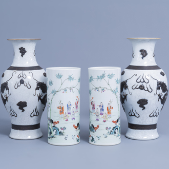 A pair of Chinese Nanking crackle glazed 'dragon' vases and a pair of famille rose hat stands with playing children, 19th/20th C.