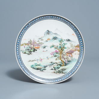 A Chinese famille rose plate with an animated river landscape, Qianlong mark, Republic, 20th C.