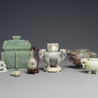 A varied collection of Chinese incense burners and small jade sculptures, 20th C.