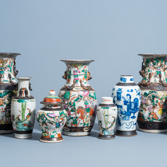 A varied collection of Chinese Nanking crackle glazed famille rose and blue and white porcelain, 19th/20th C.