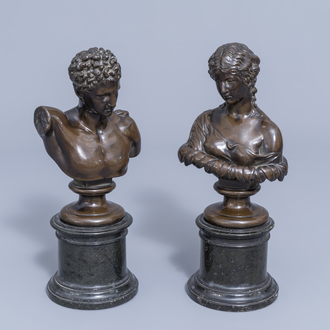 European school: A pair of galvanoplasty busts after the antiques on a black marble base, 20th C.