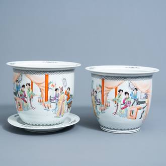 A pair of Chinese famille rose jardinières with figures in an interior and one stand, Republic, 20th C.