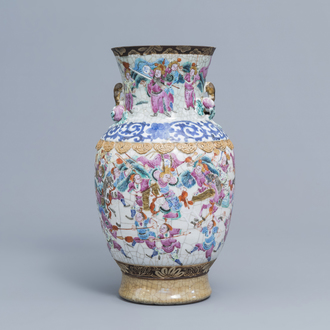A Chinese Nanking crackle glazed famille rose 'warrior' vase, 19th C.