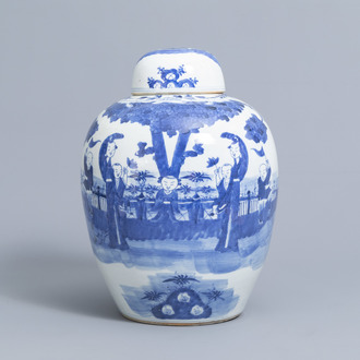 Een Chinese blauw-witte dekselpot met figuren op een terras, Kangxi merk, 19de eeuw