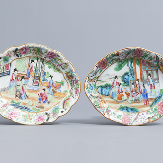 Two lobed Chinese Canton famille rose chargers with figures on a terrace, 19th C.