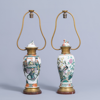Two various Chinese famille verte and famille rose vases and covers mounted as lamps, 19th C.