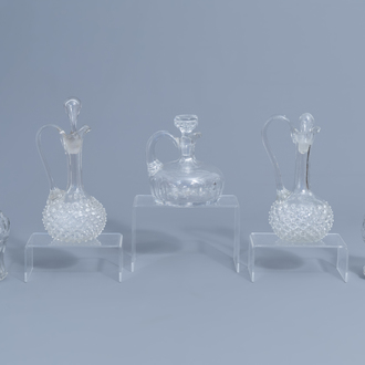 Five glass and crystal carafes, a.o. Verre de Liège, 18th C. and later