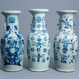 Three Chinese blue and white celadon ground vases with antiquities design and phoenixes among blossoming branches, 19th C.