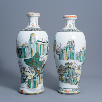Two Chinese famille verte meiping vases with an animated landscape all around, 20th C.