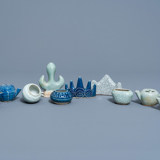 A varied collection of Chinese monochrome glazed scholar's objects, 19th/20th C.