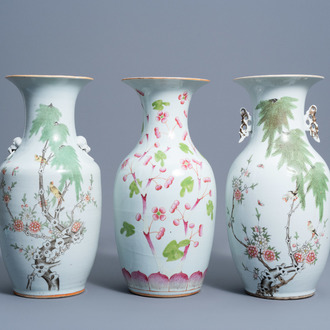 Three various Chinese famille rose and qianjiang cai vases with birds among blossoming branches and floral design, 19th/20th C.