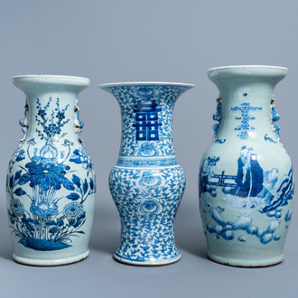 Two various Chinese blue and white celadon ground vases and a 'Xi' yenyen vase, 19th/20th C.