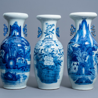 Three Chinese blue and white celadon ground vases with a dragon among blossoming branches and animated landscapes, 19th C.