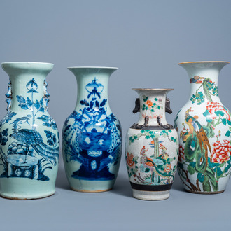 Two Chinese blue and white celadon ground vases, a qianjiang cai vase and a Nanking crackle glazed vase, 19th/20th C.