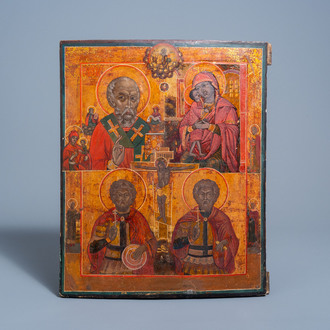 A Russian four field icon, 'Mother of God and Saints', 19th C.