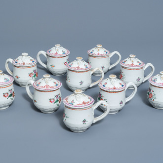 Ten Chinese famille rose cream cups and covers with twisted handles and floral design, Qianlong