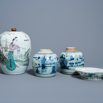 Two Chinese blue and white jars with landscapes, a famille rose ginger jar and a lobed bowl with floral design, 19th/20th C.