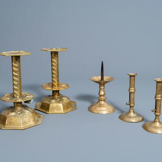 One bronze and two pairs of brass candlesticks, Western-Europe, 17th/19th C.