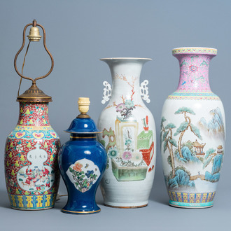Three various Chinese famille rose and qianjiang cai vases and a powder blue famille verte vase and cover mounted as a lamp, 19th/20th C.