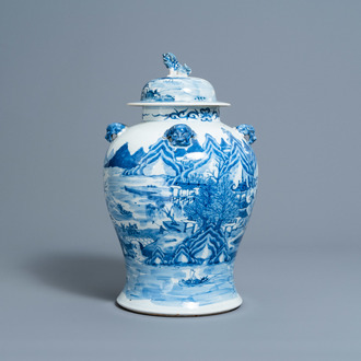 A Chinese blue and white vase and cover with an animated river landscape all around, Chenghua mark, 19th/20th C.