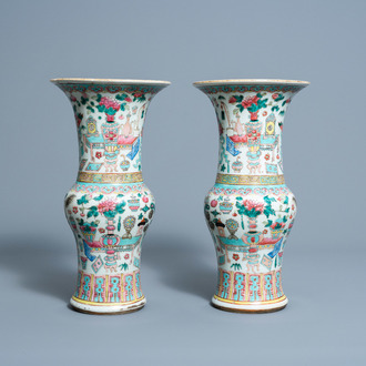 A pair of Chinese famille rose 'antiquities' yenyen vases, 19th C.